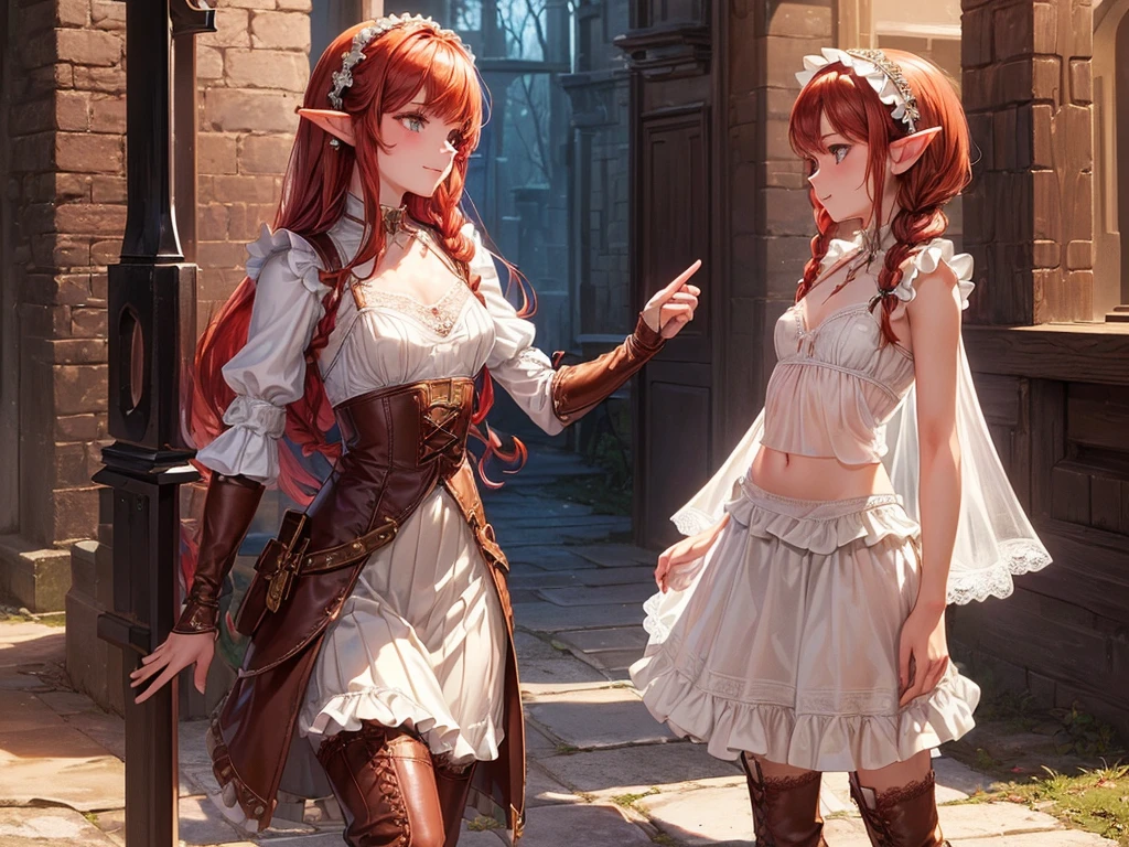 (((top-quality, masterpiece))), (best quality), (detailed), (((one young girl))), (solo girl), (wooden elfe girl), happy, charming, smiling, ((highly detailed beautiful face)), delicate girl, delicate face, ((red hair)), long hair, braids, bleu eyes, dark look, focused, ((small breasts)), nice hips, flat belly, slim waist, define collarbone, (sofisticated and detailed brown leather clothes), (((clothes are torn to shreds))), (((transparent white skirt with frills))), (((lace lingerie))), sexy laces top, (deep cleavage), (((long brown leather boots))), (chocker), warrior, adventurer, standing, protecting, bow, sword, guardian, sexy pose, cinematic shadow, sweet forest atmoshpere,