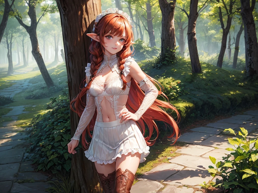(((top-quality, masterpiece))), (best quality), (detailed), (((one young girl))), (solo girl), (wooden elfe girl), happy, charming, smiling, ((highly detailed beautiful face)), delicate girl, delicate face, ((red hair)), long hair, braids, bleu eyes, dark look, focused, ((small breasts)), nice hips, flat belly, slim waist, define collarbone, (sofisticated and detailed brown leather clothes), (((clothes shreded))), (((transparent white skirt with frills))), (((lace lingerie))), sexy laces top, (deep cleavage), (((long brown leather boots))), (chocker), warrior, adventurer, standing, protecting, bow, sword, guardian, sexy pose, cinematic shadow, sweet forest atmoshpere,
