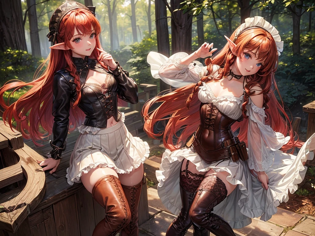 (((top-quality, masterpiece))), (best quality), (detailed), (((one young girl))), (solo girl), (wooden elfe girl), happy, charming, smiling, ((highly detailed beautiful face)), delicate girl, delicate face, ((red hair)), long hair, braids,  bleu eyes, dark look, focused, ((small breasts)), nice hips, flat belly, slim waist, define collarbone, (sofisticated and detailed brown leather clothes), (((clothes shreded))), (((transparent white skirt with frills))), (((lace lingerie))), sexy laces top, (deep cleavage), (((long brown leather boots))), (chocker), warrior, adventurer, standing, protecting, bow, sword, guardian, sexy pose, cinematic shadow, sweet forest atmoshpere,