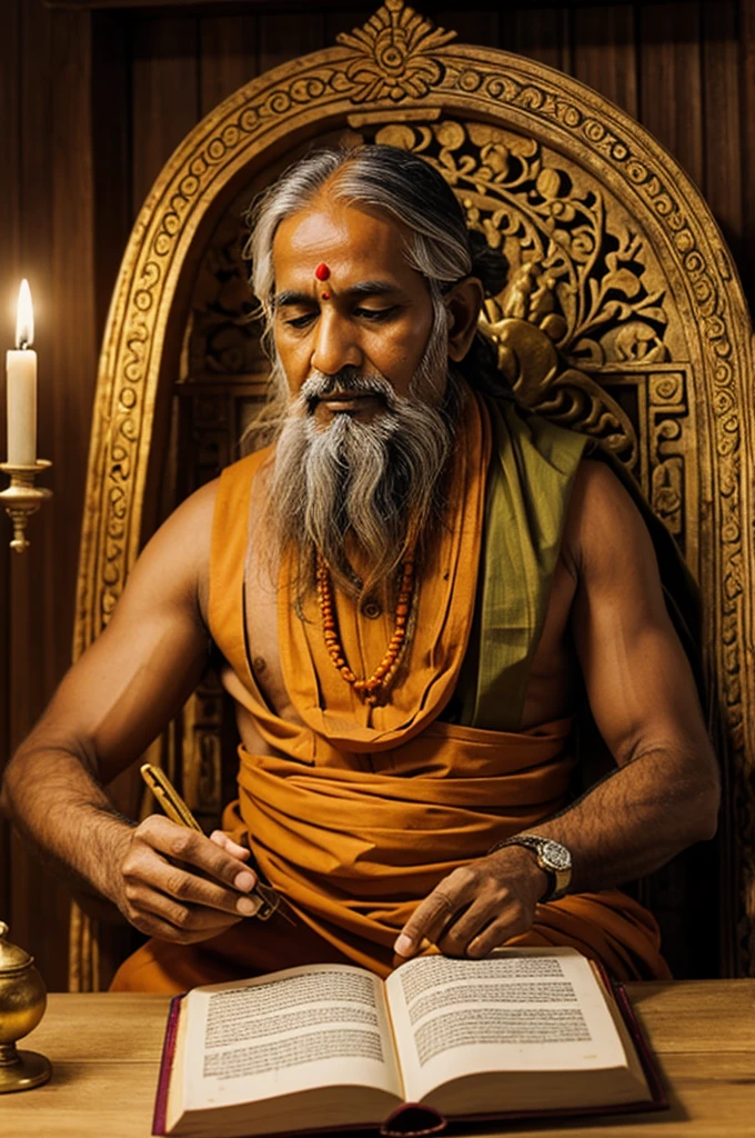 create a video of Old hindu sage reading ayurveda scripture 