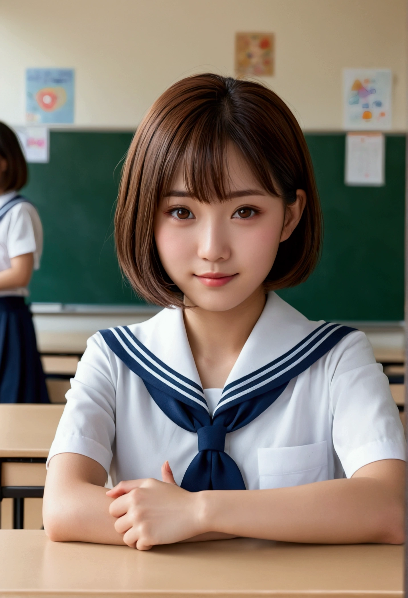 Highest quality, Face Focus, Soft Light, Ultra-high resolution, (Realistic:1.4), RAW Photos, 1 Japanese girl, alone, cute, (A shy smile:0.5), (Brown eyes, Light in your eyes), Beautiful face in every detail, (Small box),(High resolution detail of human skin texture), (Short Bob Hair), break, In the classroom,Navy uniform, Best, SkirtNipples Ahegao Double Peace