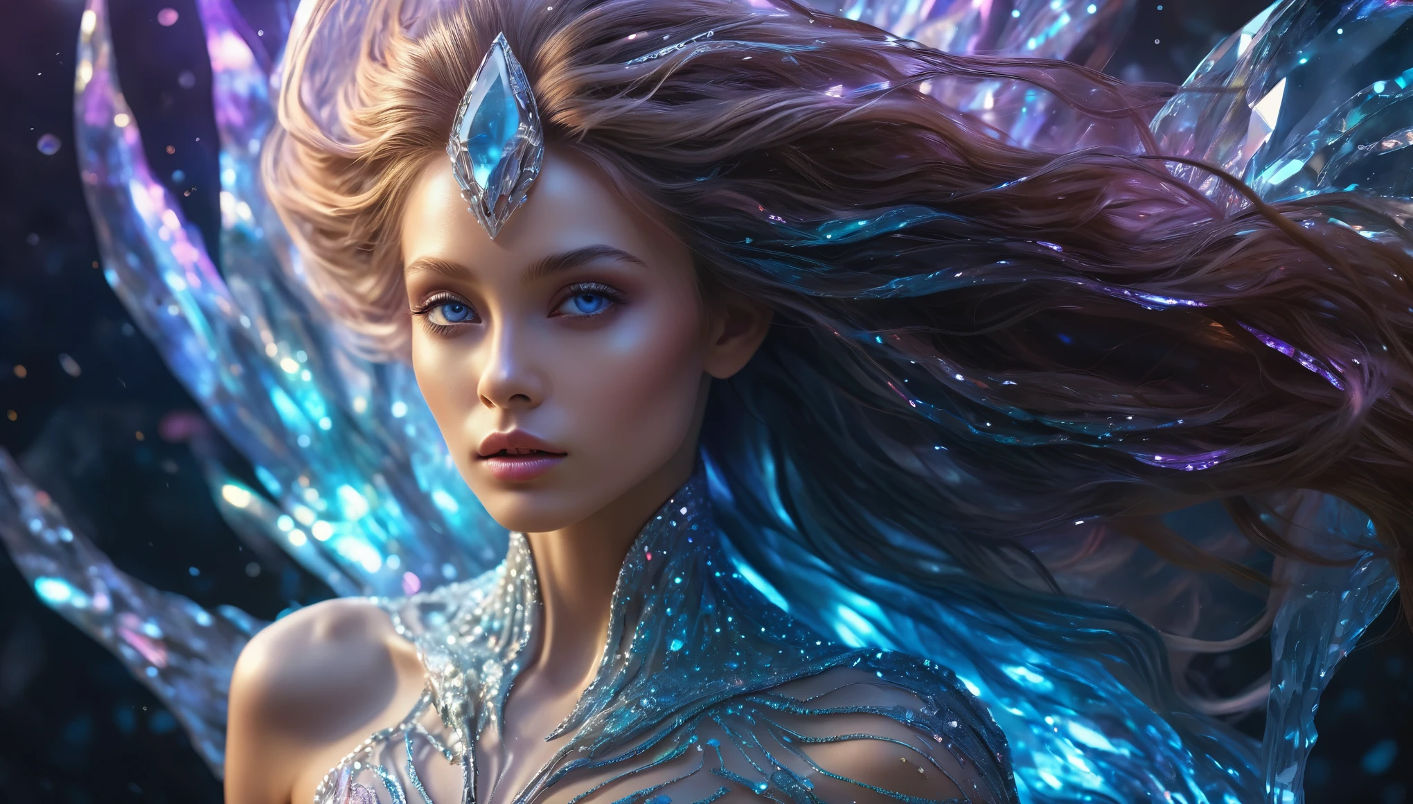 An alien girl whose body is made of minerals, diamond, Topaz, (best quality, highres, ultra-detailed), portraits, vivid colors, studio lighting, realistic, long hair flowing in the wind, sparkling eyes, otherworldly beauty, surreal atmosphere