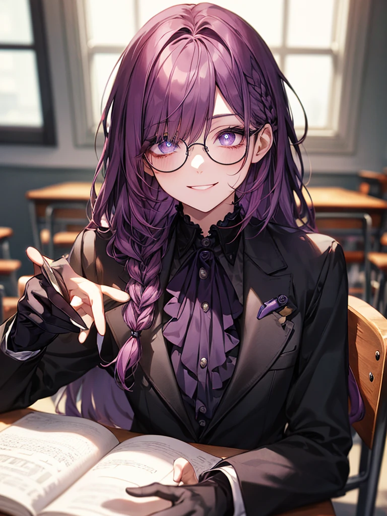men's,single braid hair,violet colored hair,(Eye 1:2,Clear eyes,Elaborate Eyes,Delicate pupils,Good eyes,eye detailed),Face Focus,Adult,In black suit,best qualtiy,facial detailing,Classroom,sit on desk,sitting in the couch,lazy,Detailed background,diffuse sunlight,depth of fields,Studying Smiling at your desk, violet eyes,black gloves, round glasses, long sleeves,violet hair, smile,