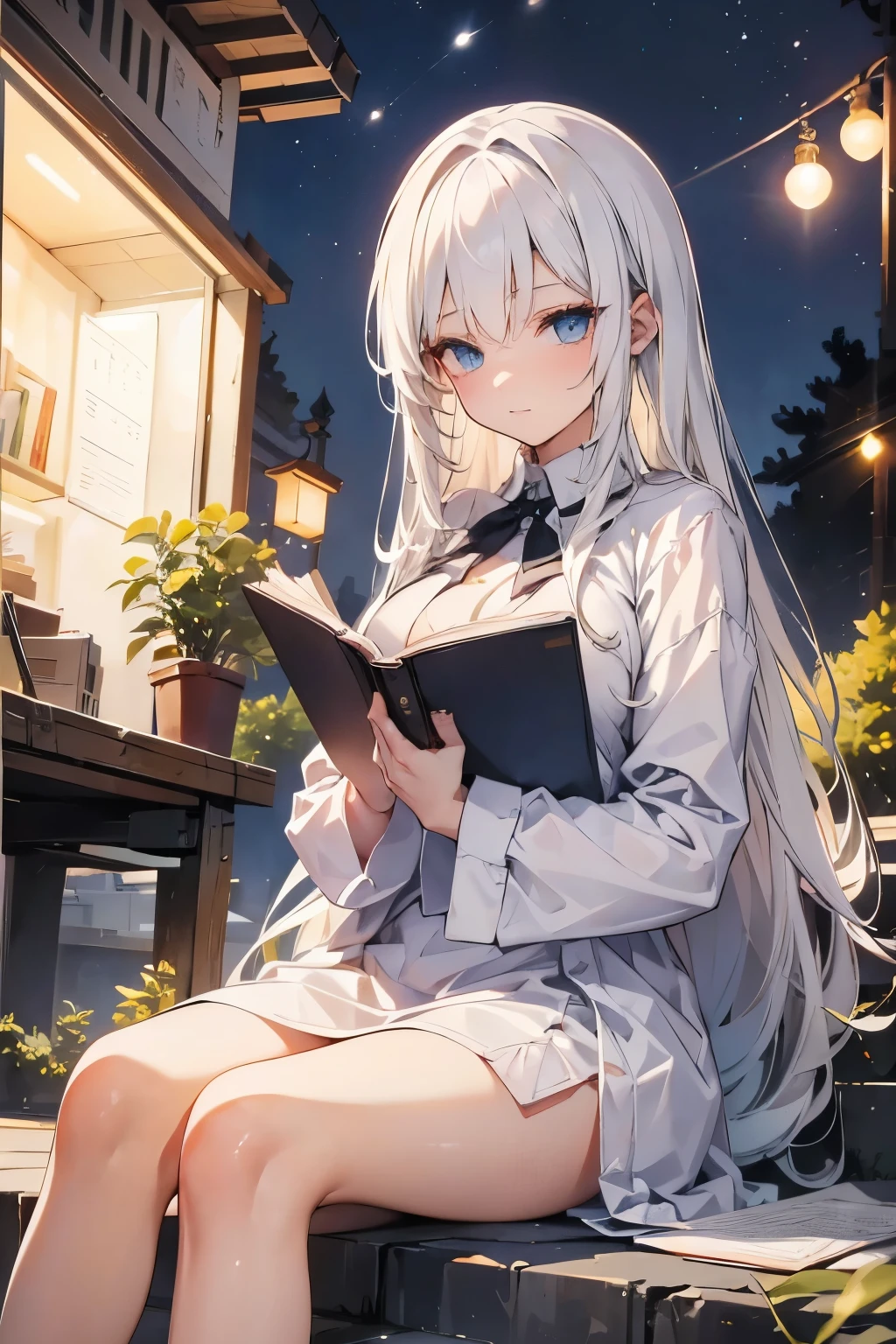 A picture of a woman with long white hair wearing a and sitting outside at night writing a book.