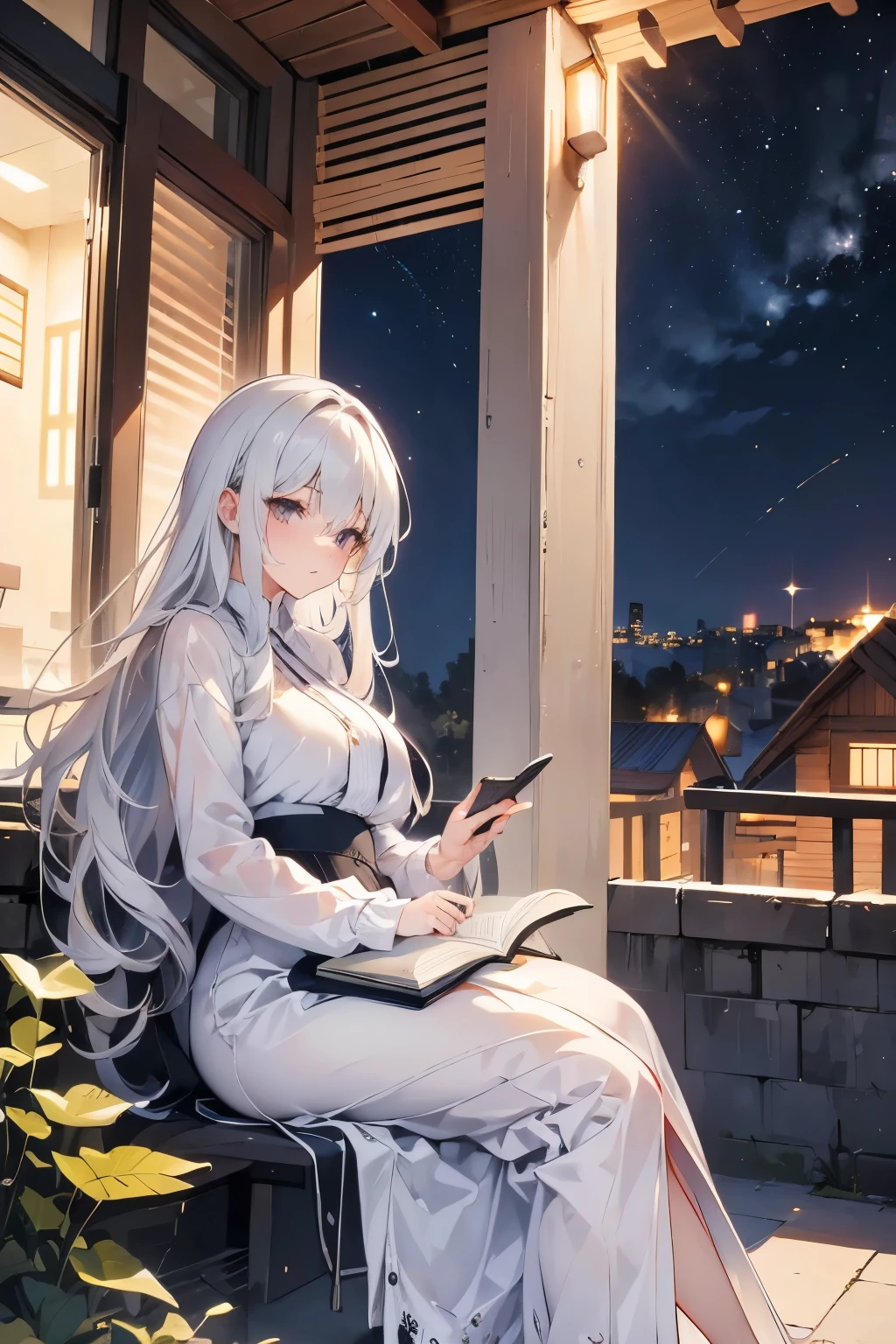 A picture of a woman with long white hair wearing a and sitting outside at night writing a book.