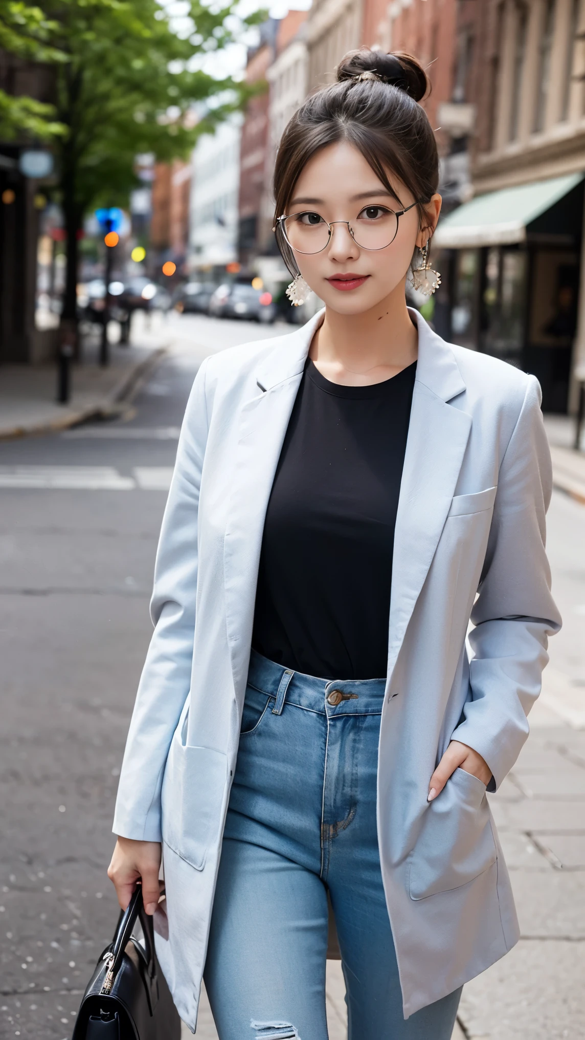 ((best quality)), ((masterpiece)), (detailed), perfect face, ((Best quality, 8k, Masterpiece: 1.3)), Highly detailed face and skin texture, Detailed eyes, blonde hair, cowboy shot, hair bun, rimless eyewear, aqua eyes, earrings, light smile, emphasis lines, Nikon, White blouse, light grey jacket and slacks, high heels, Walking along the main street