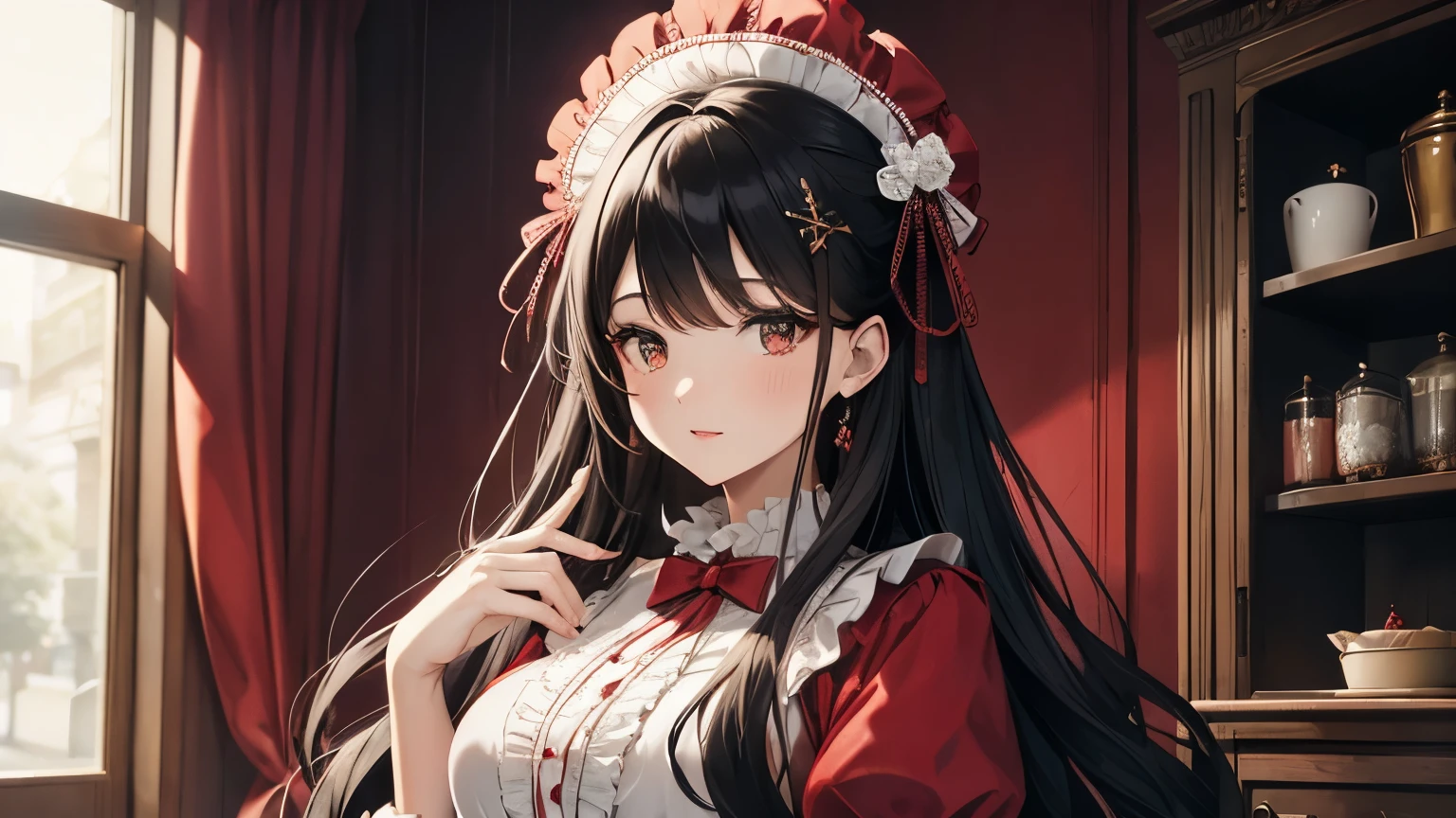 A beautiful woman wearing a red and white long puff-sleeved dress with lots of ruffles and lace Long black hair with hair ornament Upper Body lipstick
