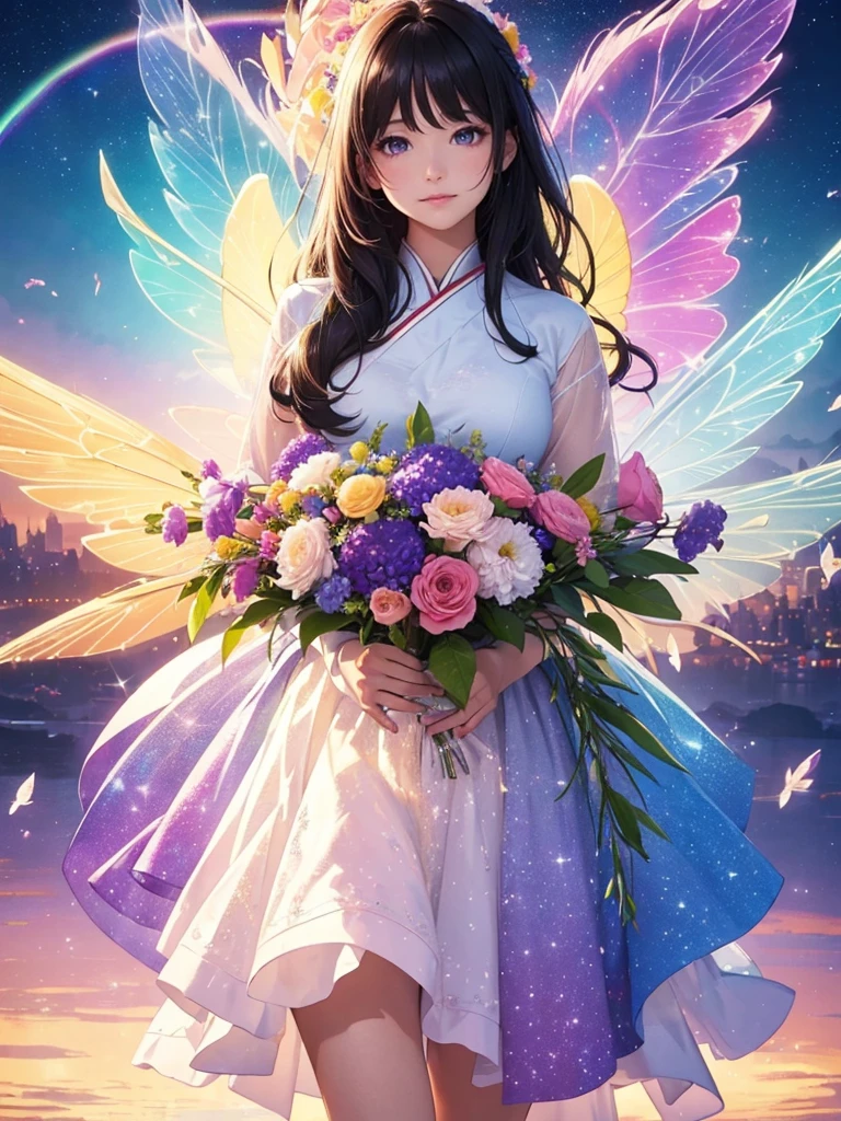 (best quality,4k,8k,highres,masterpiece:1.2),ultra-detailed,beautiful double Rainbows Sky(realistic,photorealistic,photo-realistic:1.37),beautiful illustration,fairy,rainbow-colored,transparent bird wings,blessing,delicate facial features,magical aura,floating in mid-air,feminine Japanese long black hair and purple eyes ethereal,sparkling furisode,vibrant colors,soft lighting, Rainbow Sky
Happybirthday, big flowerbouquet,