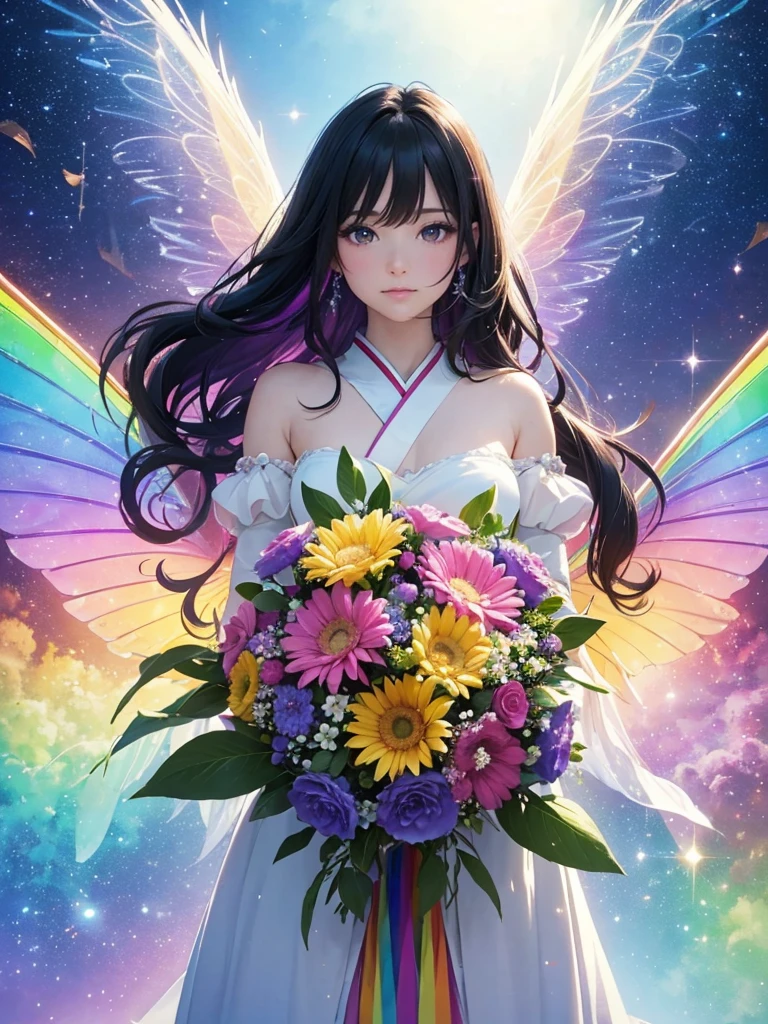 (best quality,4k,8k,highres,masterpiece:1.2),ultra-detailed,beautiful double Rainbows Sky(realistic,photorealistic,photo-realistic:1.37),beautiful illustration,fairy,rainbow-colored,transparent bird wings,blessing,delicate facial features,magical aura,floating in mid-air,feminine Japanese long black hair and purple eyes ethereal,sparkling furisode,vibrant colors,soft lighting, Rainbow Sky
Happybirthday, big flowerbouquet,