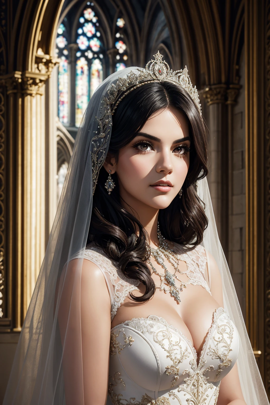 portrait Kendall Jenner, wearing veil bride tiara costume, against the background of the Notre Dame Cathedral, character portrait, 4 3 9 0 s, curly hair, intricate, elegant, highly detailed, digital painting, artstation, concept art, smooth, sharp focus, illustration, art by wlop, charlie bowater and alexandra fomina, 36k, glittering, shining