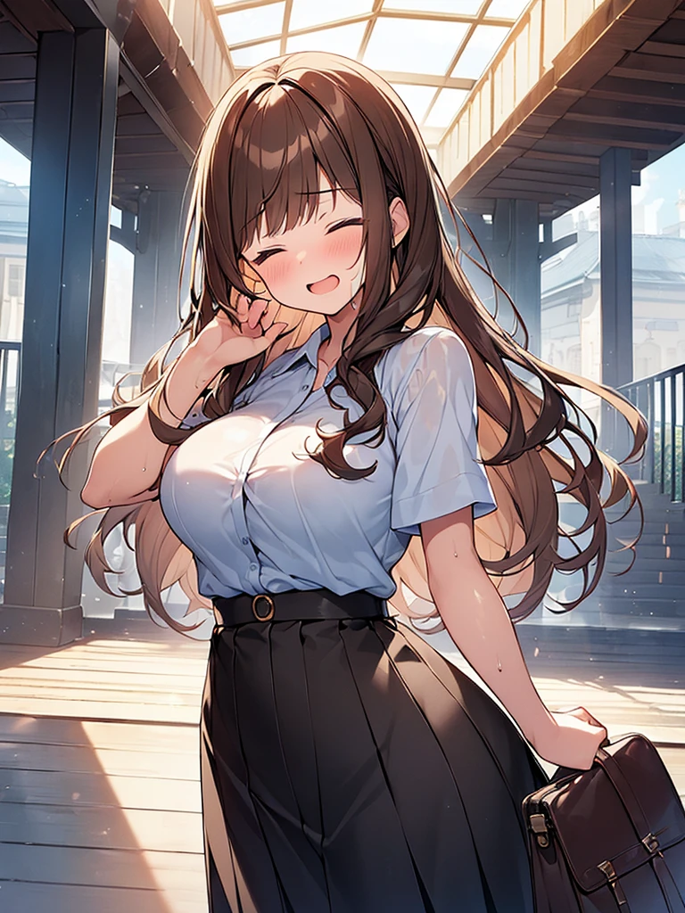 (Masterpiece, Top quality: 1.5) ,(1 girl, solo :1.2), (large breasts:1.4), cleavage:1.1, (cute design short-sleeved shirt, midi skirt:1.4), standard weight, (brown hair:1.4), (airy hair, wavy hair:1.3), long hair ,asymmetry bangs, swept bangs, 12 year old, smile:1.2, (flustered:1.4), beautiful scene of station platform, dynamic pose, magnificent panorama view, wet:1.1, closed eyes, open mouth
