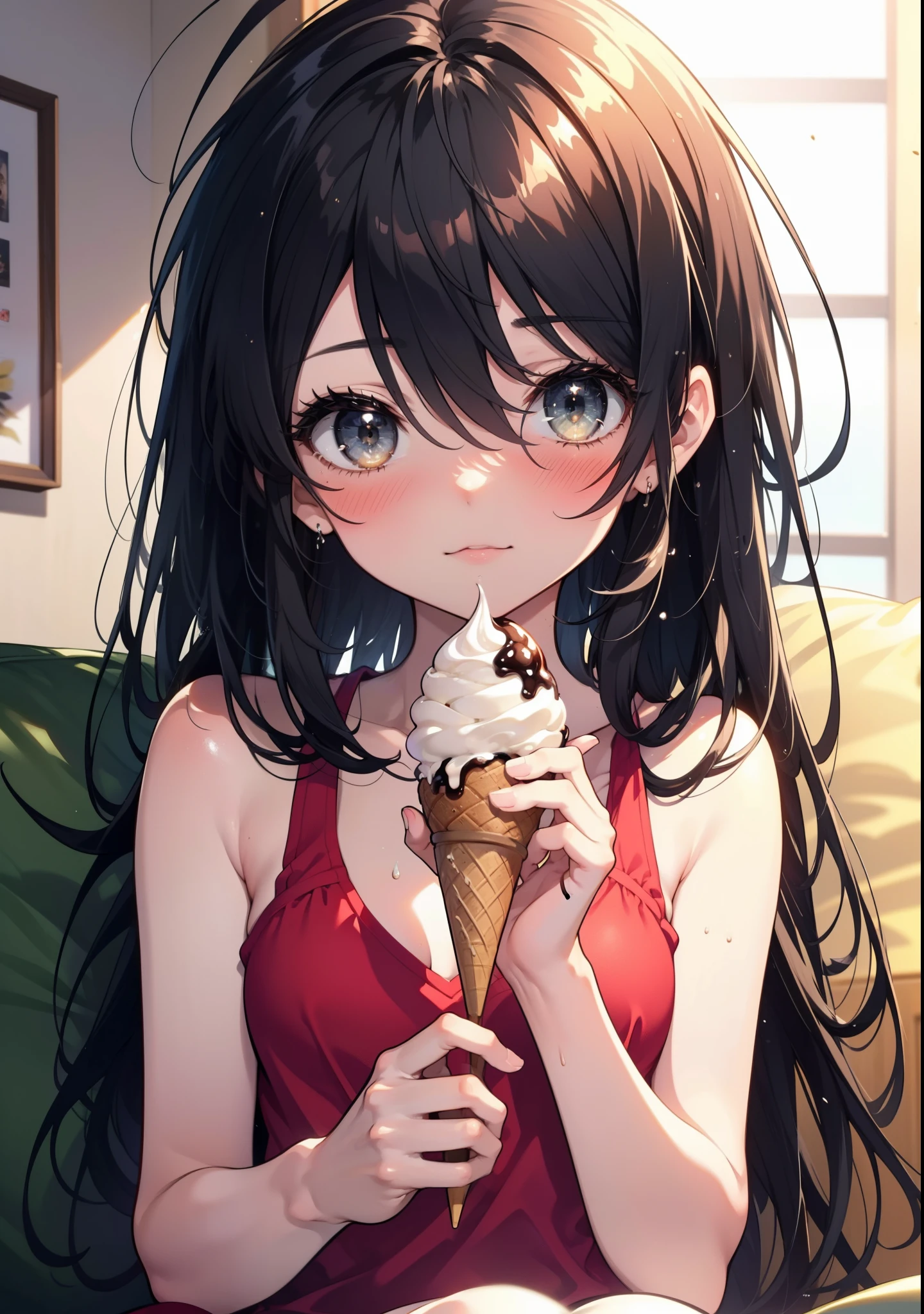 Shana,灼眼のShana,Long Hair, Black Hair, Black eyes, Ahoge,smile,blush,Open your mouth,Red Tank Top,Black string underwear,barefoot,Holding ice cream in both hands,Sitting on the sofa,Daytime,Clear skies,whole bodyがイラストに入るように,　　　　　　　　　　　　　　break indoors, room, 　　　　　　　　　　　　　break looking at viewer, whole body, 　　　　　　　　break (masterpiece:1.2), Highest quality, High resolution, unity 8k wallpaper, (shape:0.8), (Beautiful attention to detail:1.6), Highly detailed face, Perfect lighting, Extremely detailed CG, (Perfect hands, Perfect Anatomy),