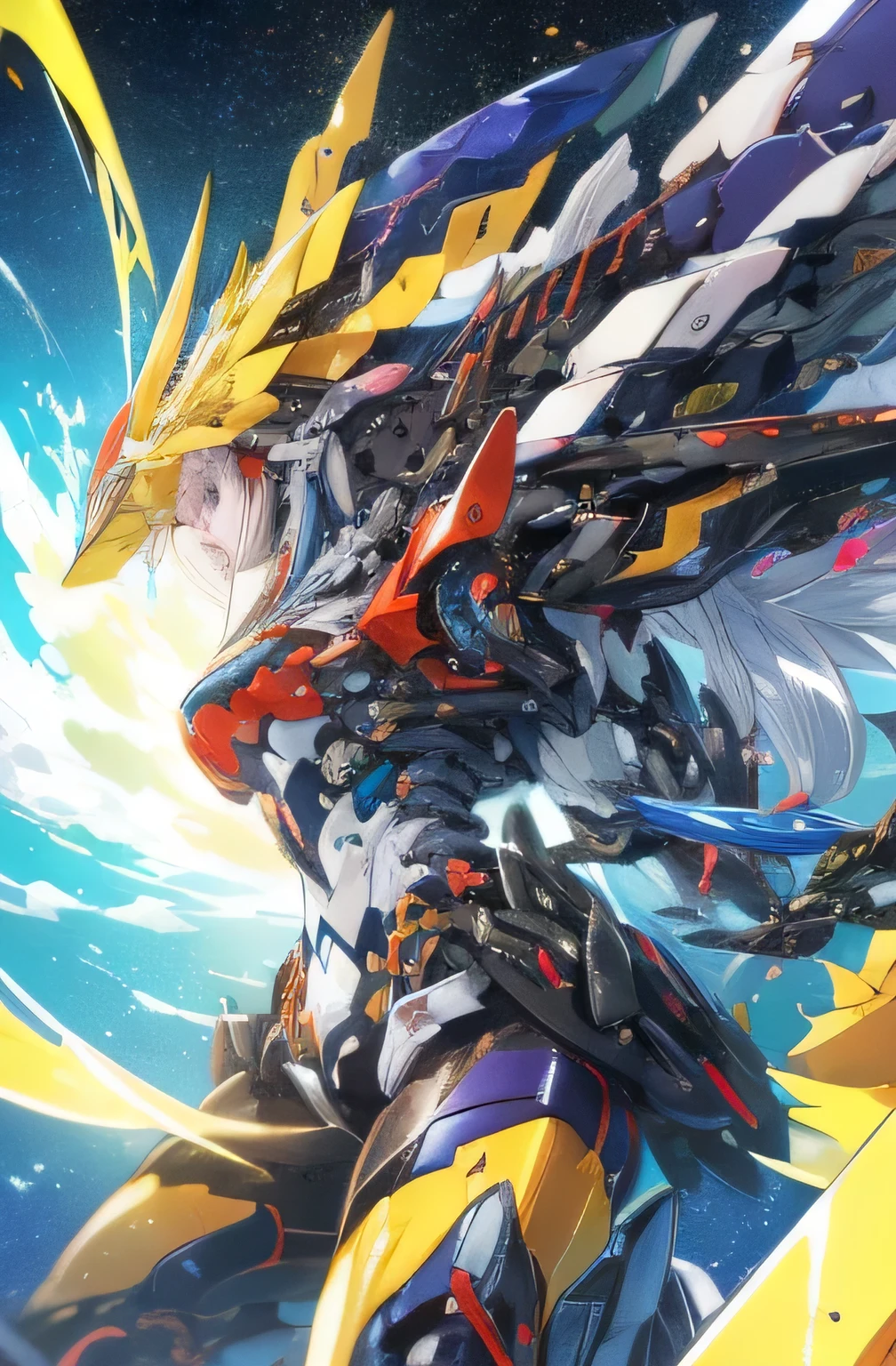 (((masterpiece))), (((Highest quality))), ((Very detailed)), (Highly detailed CG illustrations), ((Very delicate and beautiful)),(From the side),Cinematic Light,((1. Machine Girl)),alone,Hair is purple、whole body,(Machine made joints:1.2),((Mechanical Limbs)),(Mechanical blood vessels connected to the abdomen),(Mechanical wings attached to the back),((Cervical vertebrae mechanically attached to the neck))(Floating in the air),Expressionless,(wires and cables around the neck:1.2),(Nipples are light blue)、topless、(Overhead Wires and Cables:1.2),sf,Very detailed,colorful,Most detailed、A starry sky, mysterious,Outdoor、 Awe-inspiring expressions, Dynamic pose、(Mechanical blood vessels directly connected to the vagina)、Eyes glow yellow、Forest planet in the background、Inspiration, 3January, poker face,(Tube leading to the anus)、 Inside the spaceship, Starry Sky, Dynamic configuration、Connected to a giant spaceship by cable、Fisheye Lens、Wide-angle lens、Wide angle of view、Countless floating magic circles、Doors to Heaven