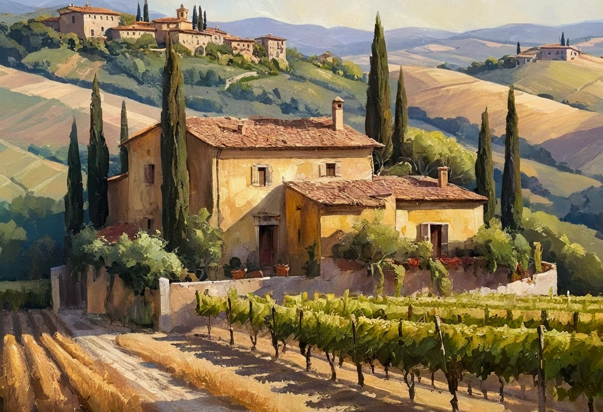 Image of historical pizzaria in tuscany, portrayed in a lush oil painting style with dynamic, rich strokes and a palpable thickness of paint evoking a sense of movement, set against a beautifully rendered vineyard bathed in golden sunlight. The composition merges historical elegance with contemporary sensuality,  while the background features sprawling grapevines and soft hills that add depth and warmth, creating an inviting and harmonious atmosphere.
