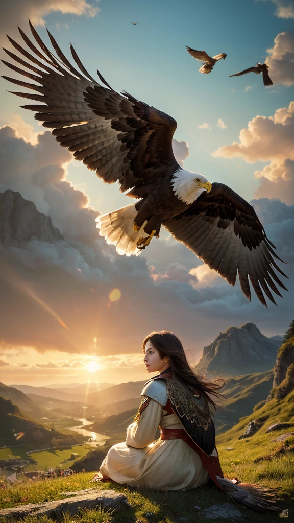 Create a 4K highest image, highest quality illustration depicting a young warrior sitting in a sunlit meadow, leaning against a majestic bald eagle. The warrior is wearing a traditional and intricate outfit in red and white, with long black hair tied back. Her expression is calm yet determined, with her gaze fixed on the distant horizon. The eagle, with its sharp beak and striking feathers, stands protectively behind her, its wings slightly spread, exuding an aura of strength and friendship. Sunlight filters through the trees, casting dappled shadows on the grass, enhancing the serene yet vigilant atmosphere of the scene.StyleRealism and Fantasy Fusion: The illustration should blend realistic textures with fantastical elements, emphasizing the character's attire and the eagle's feathers.Color Palette: Use a rich combination of natural greens, earthy browns, and vibrant reds and whites to create contrast and depth.Lighting and Shadow: character), animals (except the eagle), city buildings, modern elements, bright and overly saturated colors, Highlight the interplay of sunlight and shadow to create a dynamic and immersive environment.