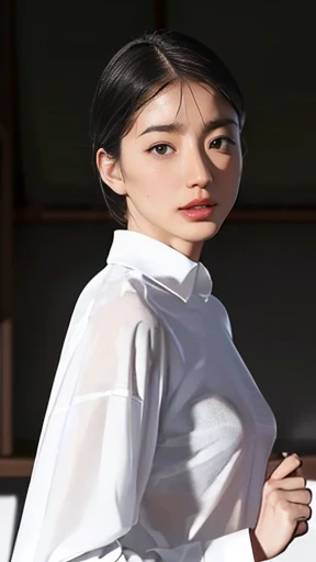 masterpiece, Highest quality, (Dark Photos:1.3), Realistic, Upper body photo, Beautiful adult woman, Short black hair, A clean, symmetrical face, (White shirt, Small breasts:1.4), Intellectual, Neat and clean female teacher, classroom