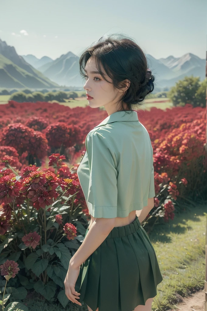 (((best quality))),(((ultra detailed))),(((masterpiece))),illustration,((1 beautiful girl,tomboy,solo)),(short black hair:1.3),((slim,thin)), vigorous, confident, (light green collared short-sleeved shirt:1.3), (dark green mini skirt:1.2),(standing:1.3),simplicity, robustness, strong features, (Abandoned Gobi Scene:1.3),(Rock surface:1.2),glowing eyes, rebellious, sensible, (mountainous landscape:1.3), (beside a vibrant red flower:1.3),elegance, unyielding spirit, youthful beauty, strength, resilience, adversity, challenges,((from back,upper body))
