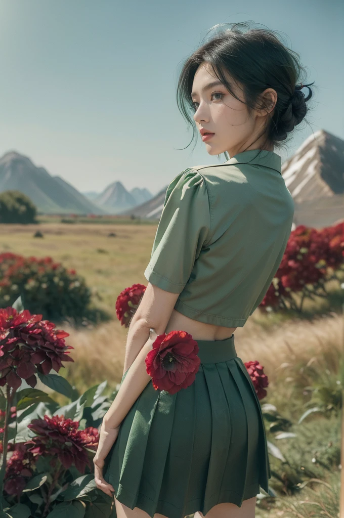 (((best quality))),(((ultra detailed))),(((masterpiece))),illustration,((1 beautiful girl,tomboy,solo)),(short black hair:1.3),((slim,thin)), vigorous, confident, (light green collared short-sleeved shirt:1.3), (dark green mini skirt:1.2),(standing:1.3),simplicity, robustness, strong features, (Abandoned Gobi Scene:1.3),(Rock surface:1.2),glowing eyes, rebellious, sensible, (mountainous landscape:1.3), (beside a vibrant red flower:1.3),elegance, unyielding spirit, youthful beauty, strength, resilience, adversity, challenges,((from back,upper body))