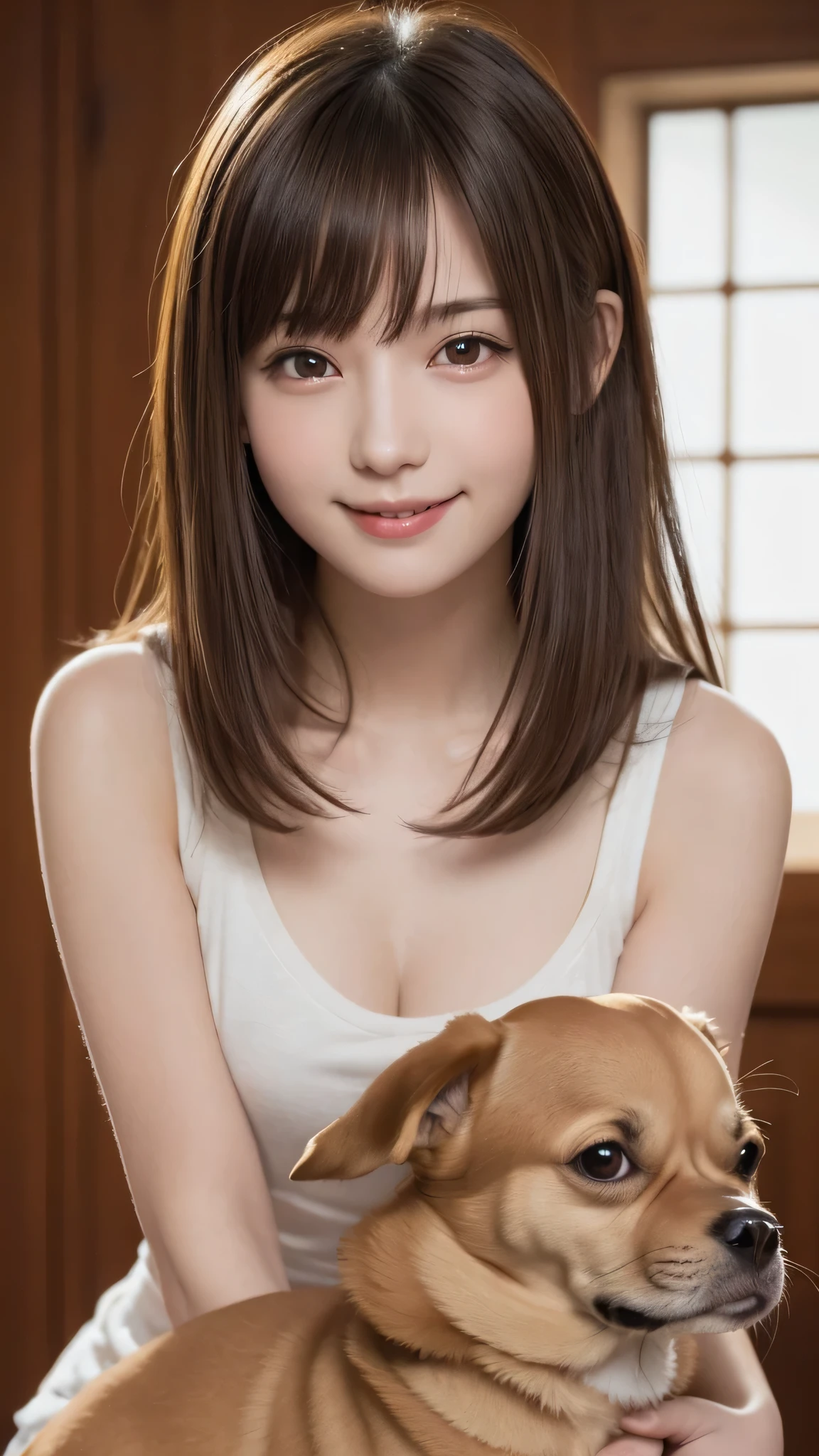 (masterpiece、Highest quality、Official Art:1.2)、
One Girl, (beautiful girl, Delicate girl:1.3), (:1.3),
break, (Jersey:1.2),
break, (Nice:1.2), (Hugging a Chihuahua:1.2),
break, Very beautiful eyes, (Symmetrical eyes:1.3),
break, Small breasts, Brown eyes, Parted bangs, Brown Hair,
break, (Eye and facial details:1.0),
break, (masterpiece, Highest quality, Very detailed, Detailed face, 8k),Big shy smile