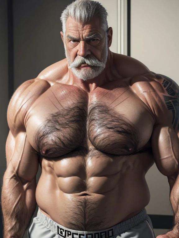 Hyperrealistic image of a long distance runner superhero., very old and very sweaty, gray-haired bodybuilder over 80 years old, very muscular and fat, more than 200 kilos with a naked torso, large and flaccid pectorals, huge brown nipples and big gray mustaches with huge tattooed arms in NY&#39;s central park dressed in jean shorts 