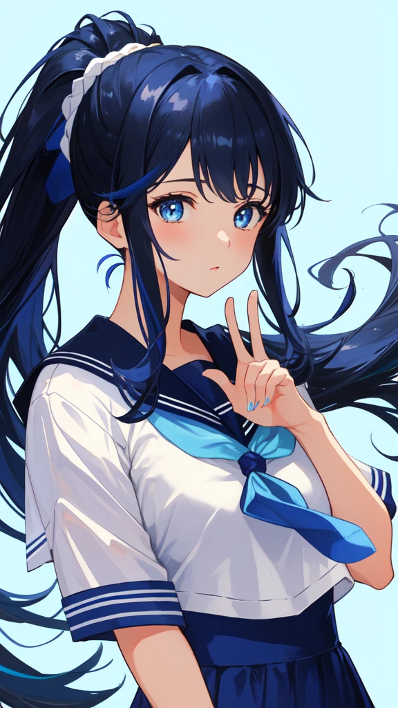 masterpiece, Highest quality,One girl, alone, Blue Claws, View your viewers, bangs, blue eyes, Long Hair, Manicure, Black Hair, Raise your hand,Simple hair accessorieouth closed, Portraiture, Blue background, Colorful multicolored hair, Upper Body, ponytail, Sailor suit、緑のSailor suitの襟