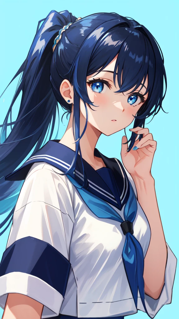 masterpiece, Highest quality,One girl, alone, Blue Claws, View your viewers, bangs, blue eyes, Long Hair, Manicure, Black Hair, Raise your hand,Simple hair accessorieouth closed, Portraiture, Blue background, Colorful multicolored hair, Upper Body, ponytail, Sailor suit、緑のSailor suitの襟