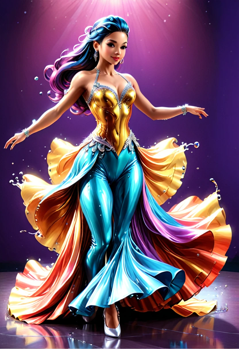 a ((liquid metal portrait: 1.5)) of woman ballroom dancer, a full body picture ((anatomically correct: 1.5)) ultra detailed face, dynamic hair color, dynamic hair style, dynamic skin complexion, best detailed face, of a exquisite beautiful female ballroom dancer, she is wearing a colorful ballroom dress, best detailed dress, colorful dress, multicores dress, royal fantasy ballroom background, LIQUID METAL, artxldnc, ba11g0wn