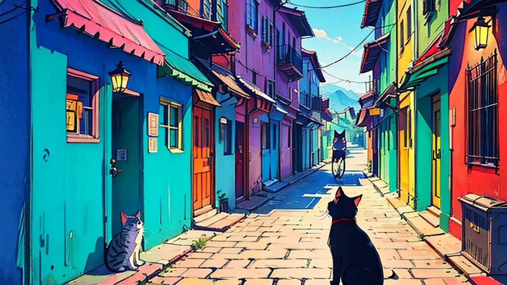 cute、Retro、Landscape、View your viewers、One Girl、Rainbow Hair、Nostalgic、Cat on background、alley
