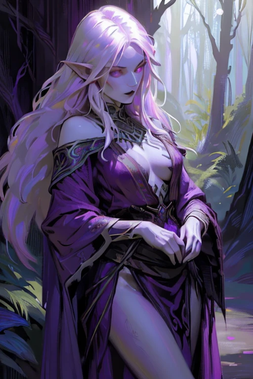 ((ultra realistic illustration:1.2)),(dark fantasy:1.4), In a mystical forest. Beautiful Elven mage. Wild (magenta hair), violet eyes, ((very pale:1.4)), beautifully fit figure, small perky breasts. (tribal war paint), long dress, bare feet .Masterpiece, (highly detailed:1.2),(detailed face and eyes:1.2), 8k wallpaper, natural lighting. core shadows, high contrast, bokeh.