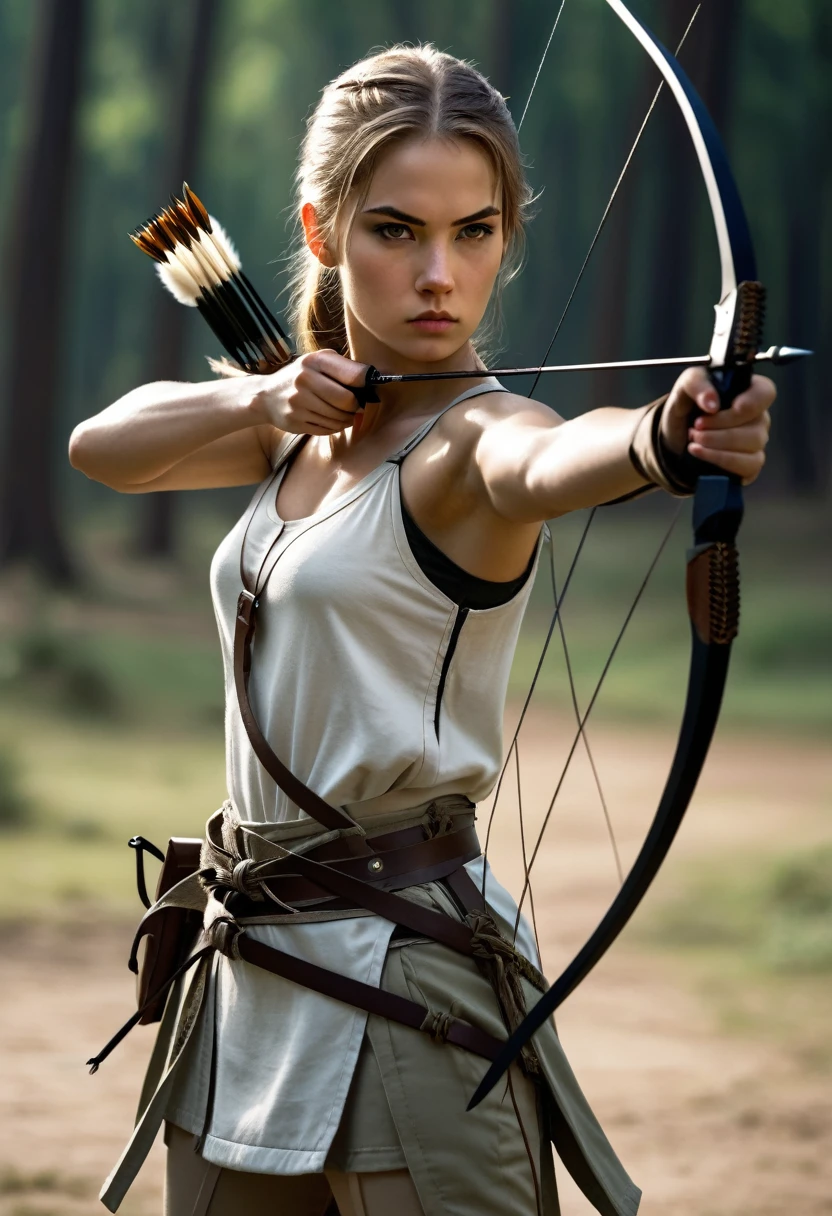 Young woman, slender, strong, beautiful and intelligent. She wears a light combat outfit, she has a long knife tied to her belt. She has a determined look and she is banding a bow ready to shoot an arrow.