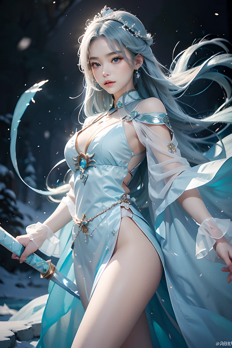 One girl,Ice Blue Dress, Silver Jade Kion, Wearing a jade phoenix crown, Holds the Snow Lotus Sword, Approaching figure, Wandering Alone, 雪に覆われたice lake, Deep pine forest, White snow, ice lake, Ice cold, As graceful as jade, Noble and mysterious, One girl, Shine,Faded Light,Cast lighting,masterpiece,16K