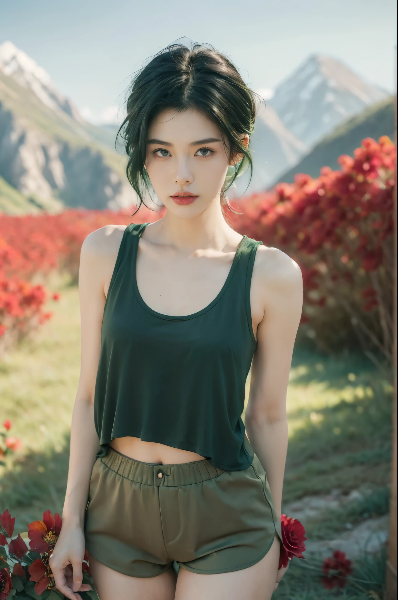 (((best quality))),(((ultra detailed))),(((masterpiece))),illustration,((1 beautiful girl,tomboy,solo)),(short black hair:1.3),((slim,thin)),((small breasts,thin)), vigorous, confident, (light green tank top:1.3), (dark green sports shorts:1.2),(slender legs:1.2),(standing:1.3),simplicity, robustness, strong features, (Abandoned Gobi Scene:1.3),(Rock surface:1.2),glowing eyes, rebellious, sensible, (mountainous landscape:1.3), (beside a vibrant red flower:1.3),elegance, unyielding spirit, youthful beauty, strength, resilience, adversity, challenges,((from front,upper body))