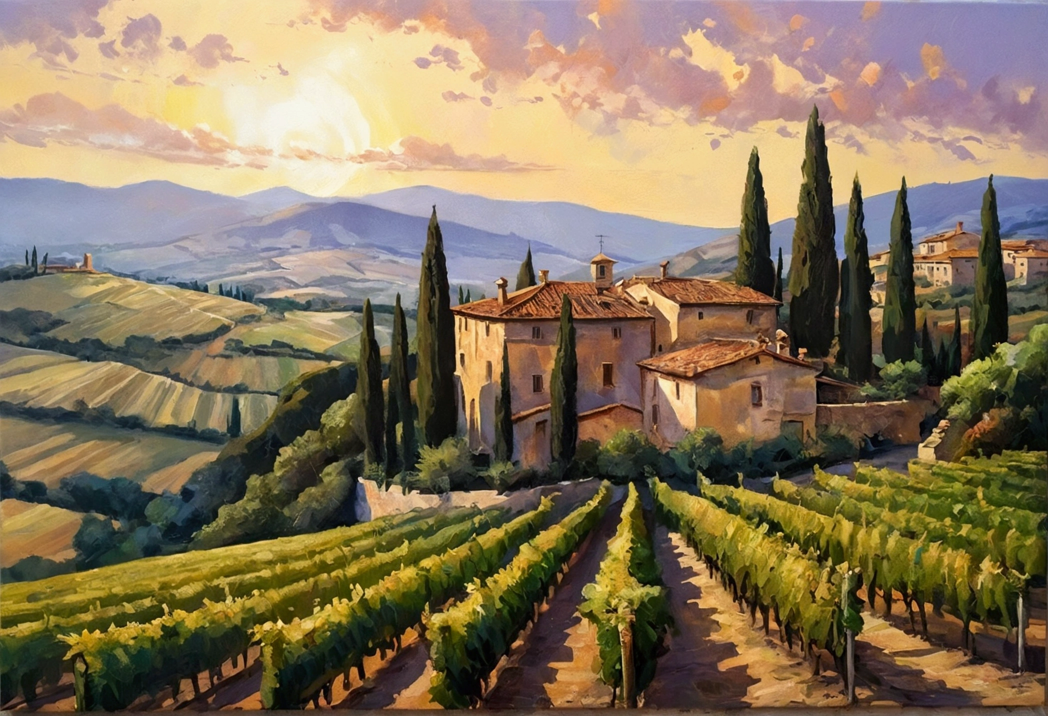 Image of historical city in tuscany, portrayed in a lush oil painting style with dynamic, rich strokes and a palpable thickness of paint evoking a sense of movement, set against a beautifully rendered vineyard bathed in golden sunlight. The composition merges historical elegance with contemporary sensuality, while the background features sprawling grapevines and soft hills that add depth and warmth, creating an inviting and harmonious atmosphere.