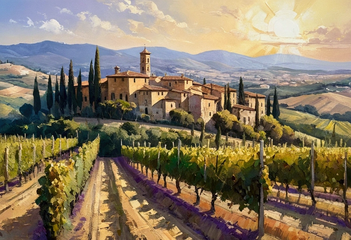 A oil painting, slender girl, big breasts, naked, a vineyard in the background, walking, black hair,
