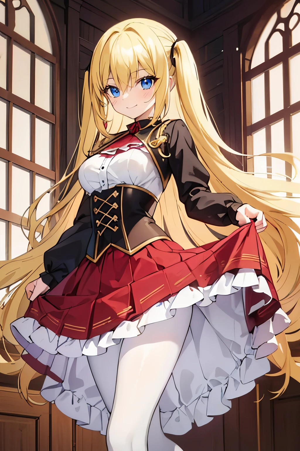 masterpiece,best quality, solo, 1 girl, female figure, yellow hair, hime cut, blunt bangs, extra long hair, crystal blue eyes, sharp detailed eyes, white pantyhose, indoors, golden blonde hair, shy smile, ouji clothes, cowboy shot, voluminous hair, wavy hair, cute girl, (medium small breasts), (young female body: 1.4), ouji fashion, long skirt, ouji style clothes, black corset, dark red skirt, black outfit, voluminous twin tails, red skirt, dark red details, long sleeves dress, dark red skirt