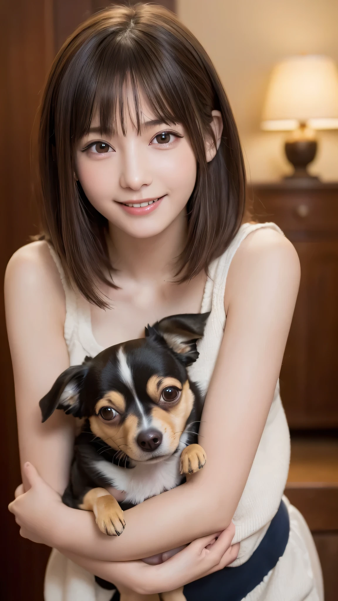 (masterpiece、Highest quality、Official Art:1.2)、
One Girl, (beautiful girl, Delicate girl:1.3), (:1.3),
break, (Jersey:1.2),
break, (Nice:1.2), (Hugging a Chihuahua:1.2),
break, Very beautiful eyes, (Symmetrical eyes:1.3),
break, Small breasts, Brown eyes, Parted bangs, Brown Hair,
break, (Eye and facial details:1.0),
break, (masterpiece, Highest quality, Very detailed, Detailed face, 8k),Big shy smile
