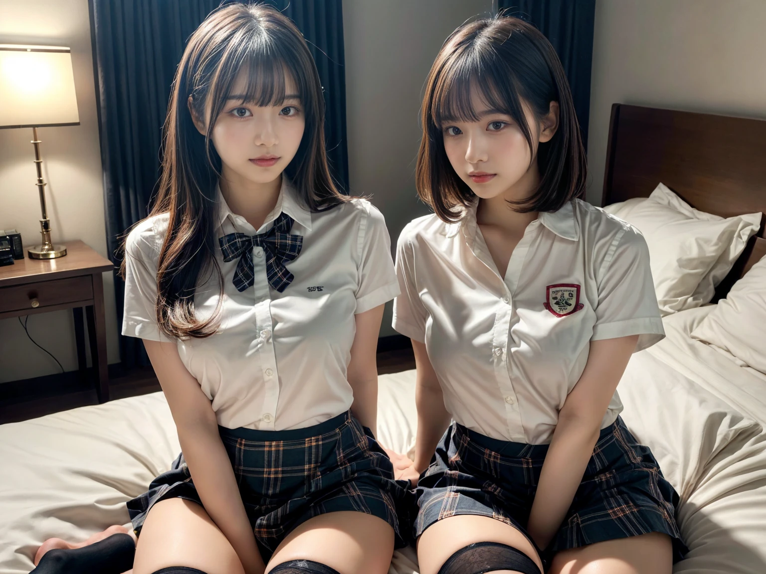 masterpiece, best quality, illustration, Super detailed, fine details, High resolution, 8K,wall paper, perfect dynamic composition,(Details High quality, realistic depiction of eyes:1.3), (2 girls), (white school shirt :1.2), (plaid skirt :1.3), tie black, black thigh-high stockings, sitting, open legs, short bob hair, in a hotel room in the background, deep on field, large breasts, black hair color, Big Natural Color Lip, (perfect body shape), crying a little、Harajuku style、20 year old girl、cute type、beautiful legs, Gravure Idol