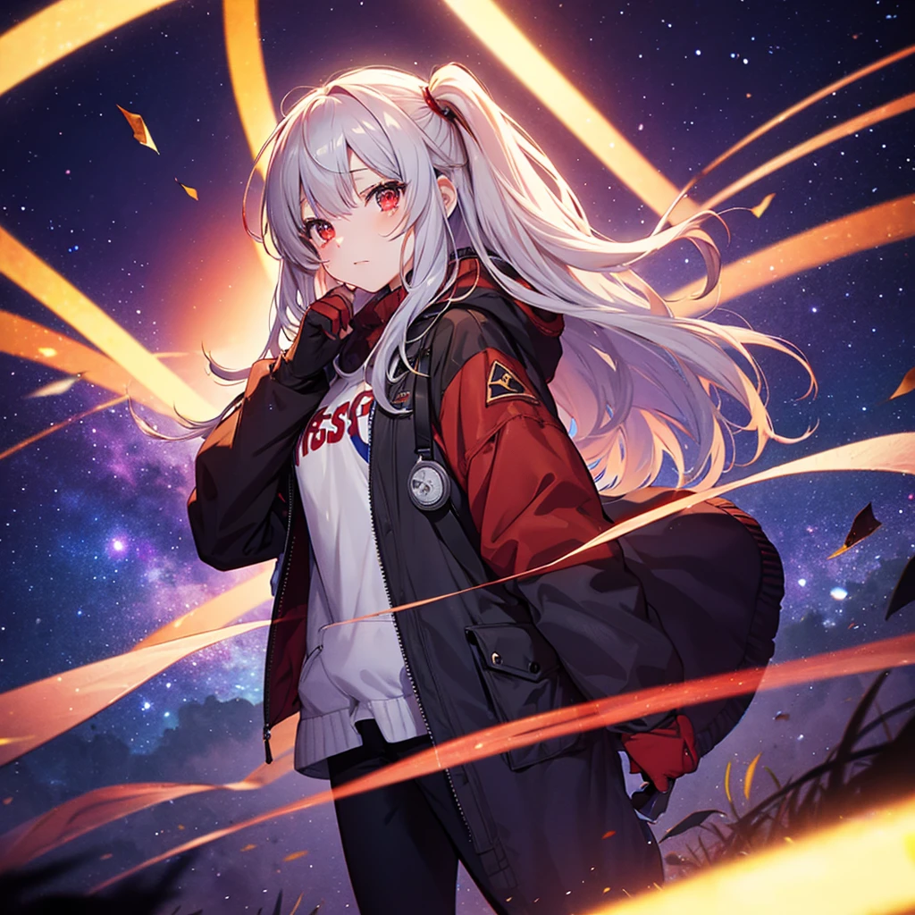 (((Fantasy Long Hair Dull red eyes))) ((There is a galaxy uniform Put on a coat without putting your arms through it Lonely despair)) ((tears gloves)) (((Broken glass))) (Distorted Space-Time star) Catch the wind autumn Shining Background Particles of light,