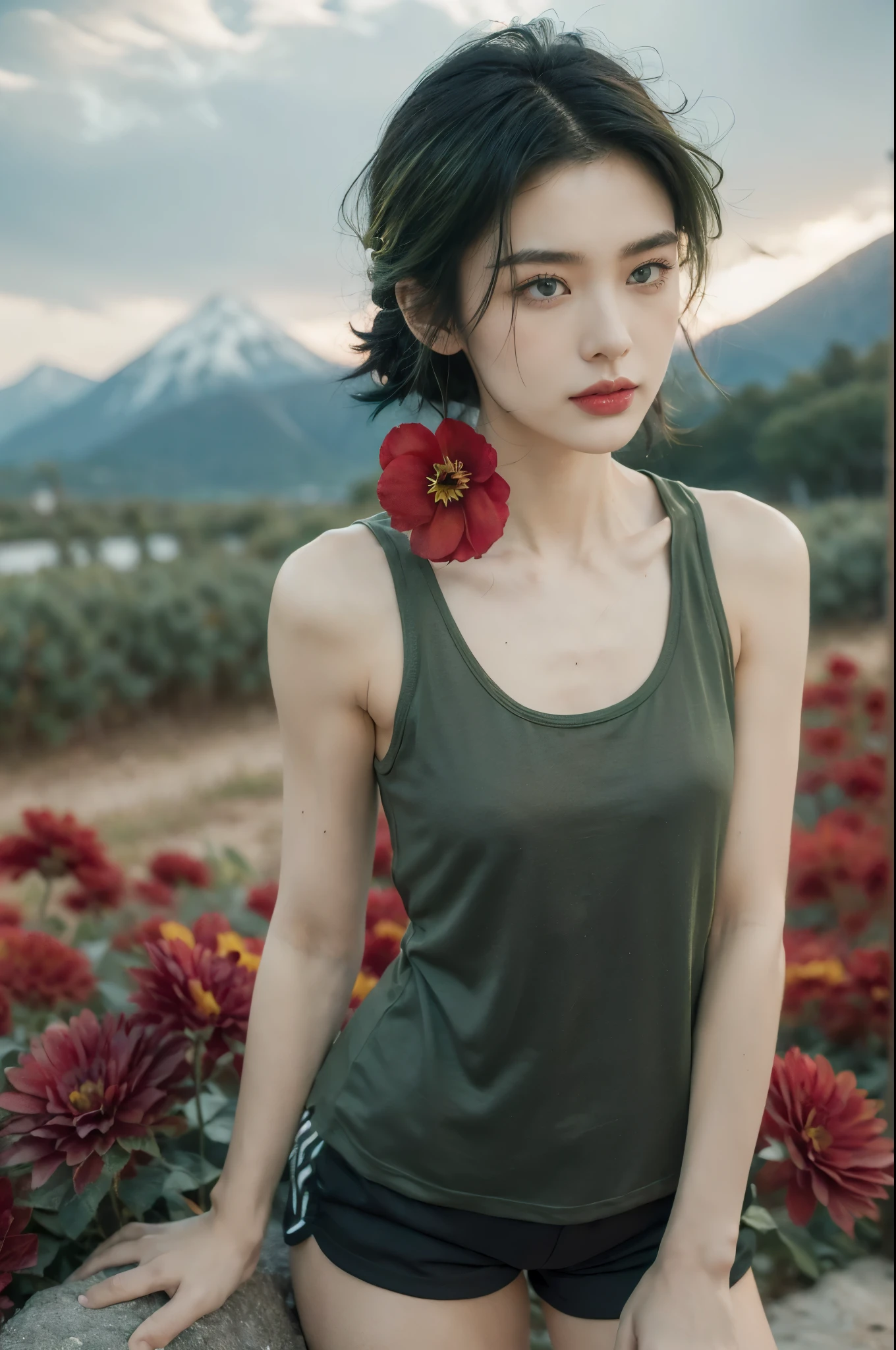 (((best quality))),(((ultra detailed))),(((masterpiece))),illustration,((1 beautiful girl,tomboy,solo)),(short black hair:1.3),((slim,thin)),((small breasts,thin)), vigorous, confident, (light green tank top:1.3), (dark green sports shorts:1.2),(slender legs:1.2),(standing:1.3),simplicity, robustness, strong features, (Abandoned Gobi Scene:1.3),(Rock surface:1.2),glowing eyes, rebellious, sensible, (mountainous landscape:1.3), (beside a vibrant red flower:1.3),elegance, unyielding spirit, youthful beauty, strength, resilience, adversity, challenges,((from front,upper body))