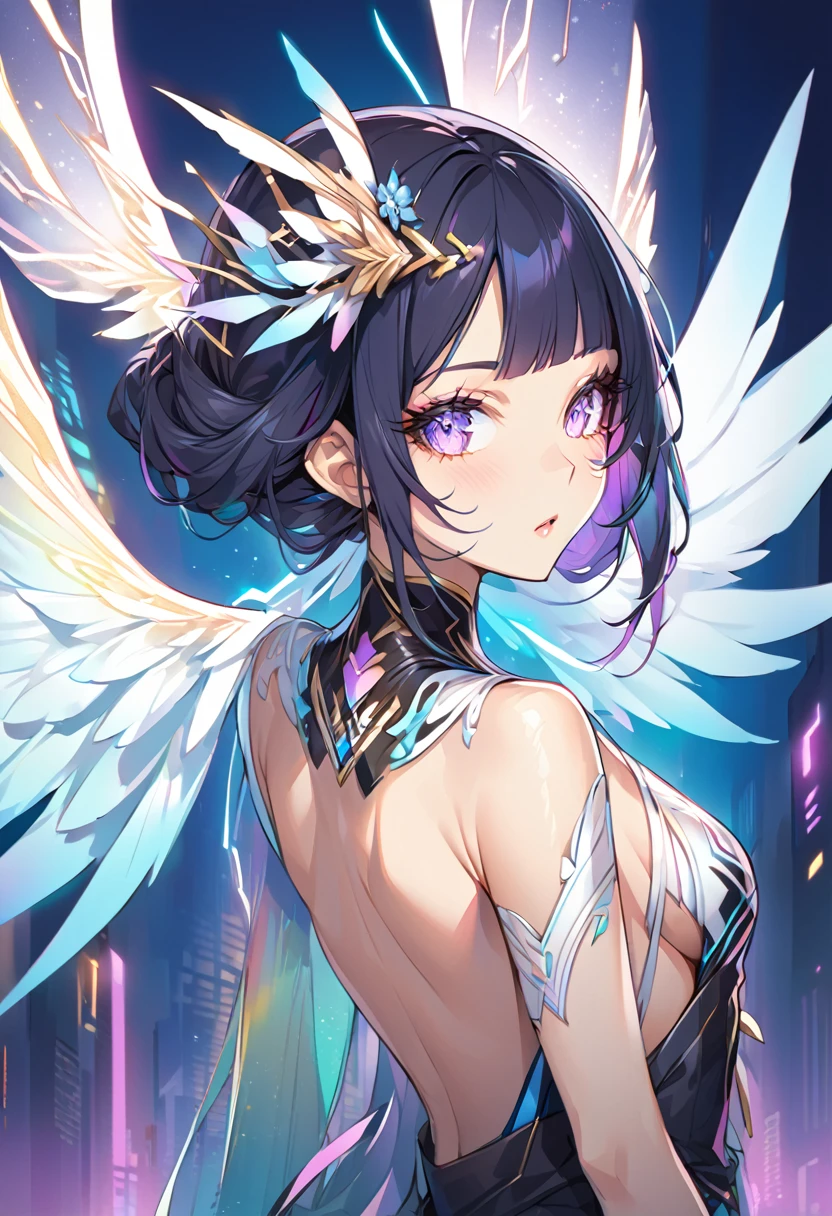 Create a mesmerizing portrait of a young cyberpunk woman exuding ethereal beauty, Colorful angelic wings emerging from her shoulder blades, capture her fierce yet delicate essence. Show intricate details of her electrifying style and vibrant personality.