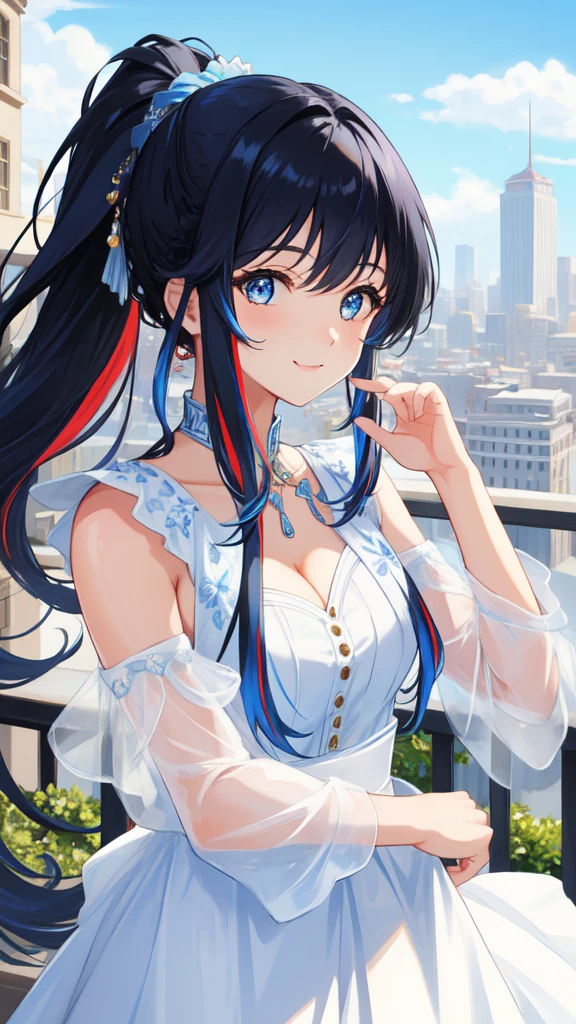 masterpiece, Highest quality,One girl, alone, Blue Claws, View your viewers, bangs, blue eyes, Long Hair, Manicure, Black Hair, Raise your hand,Simple hair accessorieouth closed, smile、Portraiture, City background, Colorful multicolored hair, Upper Body, ponytail, White dress、