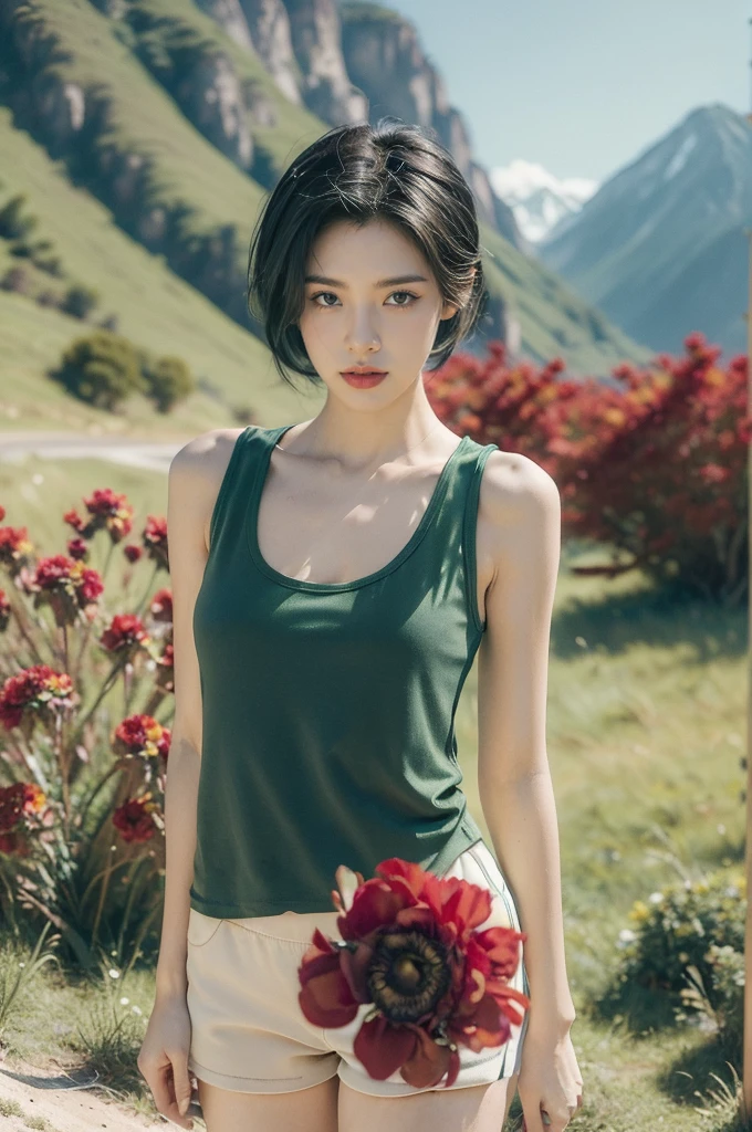 (((best quality))),(((ultra detailed))),(((masterpiece))),illustration,((1 beautiful girl,tomboy,solo)),(short black hair:1.3),((slim,thin)),((small breasts,thin)), vigorous, confident, (light green tank top:1.3), (dark green shorts:1.2),(slender legs:1.2),(standing:1.3),simplicity, robustness, strong features, (Abandoned Gobi Scene:1.3),(Rock surface:1.2),glowing eyes, rebellious, sensible, (mountainous landscape:1.3), (beside a vibrant red flower:1.3),elegance, unyielding spirit, youthful beauty, strength, resilience, adversity, challenges,((from front,upper body))