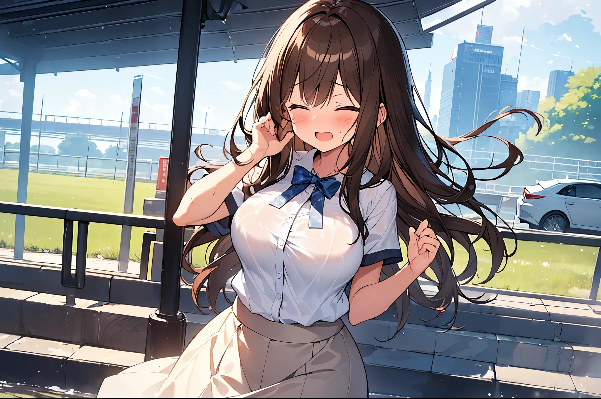 (Masterpiece, Top quality: 1.5) ,(1 girl, solo :1.2),  (large breasts:1.4), (cute design short-sleeved shirt, midi skirt:1.4), standard weight, (brown hair:1.4), (airy hair, wavy hair:1.3), long hair ,asymmetry bangs, swept bangs, 12 year old, smile:1.2, (flustered:1.4), beautiful scene of station platform, dynamic pose, magnificent panorama view, wet:1.1, closed eyes, open mouth