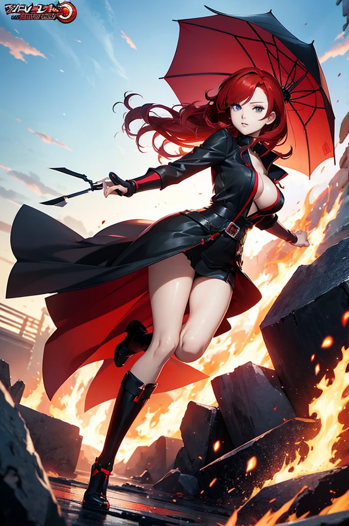 Anime character with red hair and a black umbrella, fire!! whole body, whole body!! Dynamic action poses, detailed Key Anime Art, Official Art, Game Art!!, Official Artwork, Official character art, high detailed Official Artwork, Key Anime Art, Anime Key Visual Concept art of, whole body!! Dynamic pose, Anime Key Visual Concept, Combat pose
