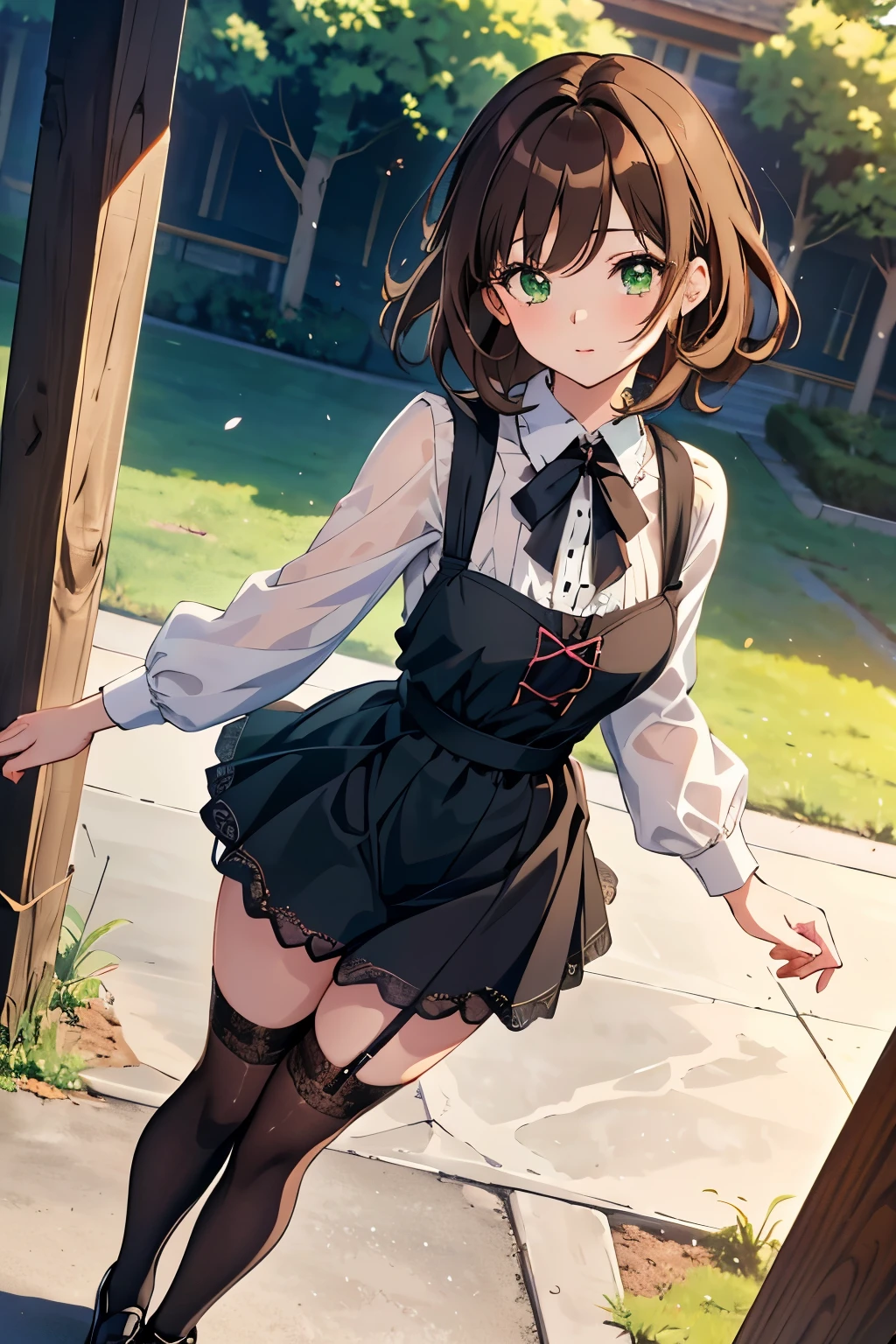 ((masterpiece, Highest quality, High resolution, 超High resolution, Pixel perfect, Written boundary depth, 4K, RTTX 10.0, High resolution))), 1 girl, single, alone, Beautiful Anime Girls, Beautiful art style, Anime characters, ((Shortcuts, bangs, Dark brown hair)), ((Green Eyes:1.4, Round eyes, Beautiful eyelashes, current eyes)), ((Smooth texture:0.75, Anime CG style)), Medium chest, ((Dynamic Angle, close)), Perfect body, (pretty girl), 1girl, solo, wearing a kawaii fashion outfit, outfit features a pink blouse with black lace trim and a large bow at the collar, The blouse is paired with a black high-waisted skirt with lace-up details, The person is also wearing black knee-high socks with lace tops, The overall look is cute and elegant, Outdoor, wood, Depth of written boundary,