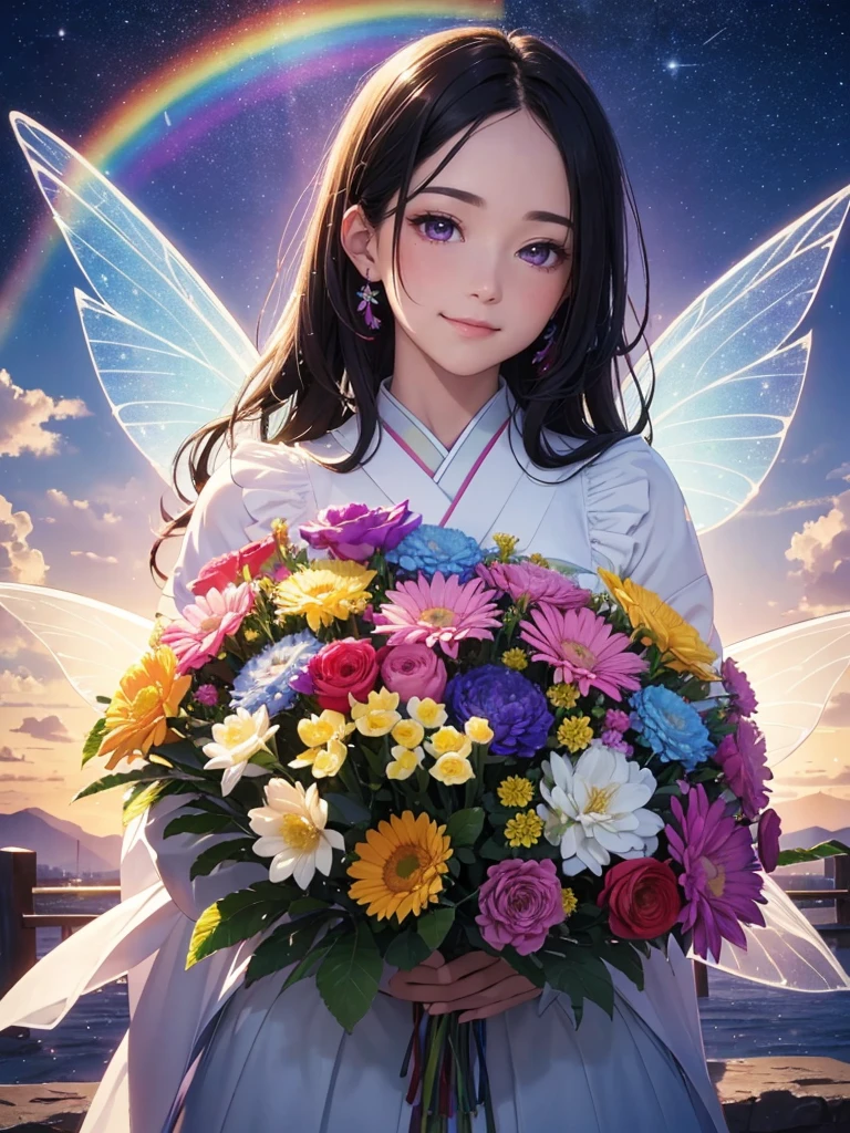 (best quality,4k,8k,highres,masterpiece:1.2),ultra-detailed,beautiful double Rainbows Sky(realistic,photorealistic,photo-realistic:1.37),beautiful illustration,fairy, smile, rainbow-colored,transparent bird wings,blessing,delicate facial features,magical aura,floating in mid-air,feminine Japanese long black hair and purple eyes ethereal,sparkling furisode,vibrant colors,soft lighting, Rainbow Sky
Happybirthday, big flowerbouquet,