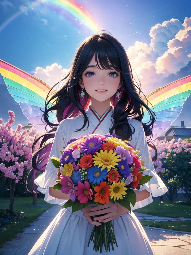 (best quality,4k,8k,highres,masterpiece:1.2),ultra-detailed,beautiful double Rainbows Sky(realistic,photorealistic,photo-realistic:1.37),beautiful illustration,fairy,  smile, rainbow-colored,transparent bird wings,blessing,delicate facial features,magical aura,floating in mid-air,feminine Japanese long black hair and purple eyes ethereal,sparkling furisode,vibrant colors,soft lighting, Rainbow Sky
Happybirthday, big flowerbouquet,
