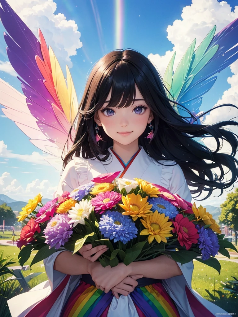 (best quality,4k,8k,highres,masterpiece:1.2),ultra-detailed,beautiful double Rainbows Sky(realistic,photorealistic,photo-realistic:1.37),beautiful illustration,fairy, smile, rainbow-colored,transparent bird wings,blessing,delicate facial features,magical aura,floating in mid-air,feminine Japanese long black hair and purple eyes ethereal,sparkling furisode,vibrant colors,soft lighting, Rainbow Sky
Happybirthday, big flowerbouquet,