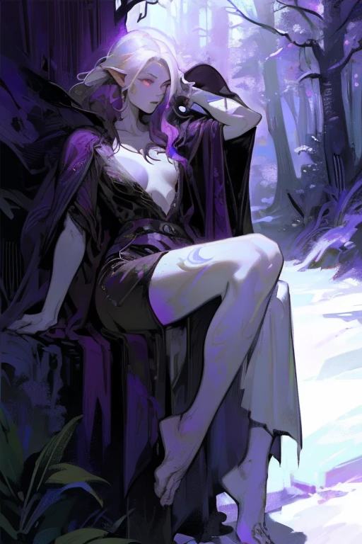 ((ultra realistic illustration:1.2)),(dark fantasy:1.4), In a mystical forest. Beautiful Elven mage. Wild (magenta hair), violet eyes, ((very pale:1.4)), beautifully fit figure, small perky breasts. (tribal war paint), long dress, bare feet .Masterpiece, (highly detailed:1.2),(detailed face and eyes:1.2), 8k wallpaper, natural lighting. core shadows, high contrast, bokeh.
