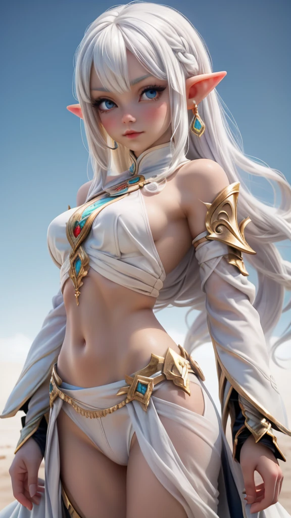 Ariel, upper body portrait, elf, white hair, beautiful, cute arabian clothes, warrior, midriff, fit, white hair,  desert background, realistic fantasy ,concept art